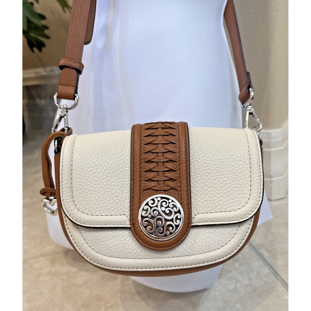 NWT Brighton Emmie Flap Bag Crossbody White Brown 7.5x5.5x2 Preppy Boho Art Wear